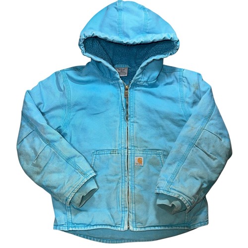 Carhartt TEAL BLUE Canvas Sherpa lined distressed youth jacket size XS (6) - Picture 1 of 7