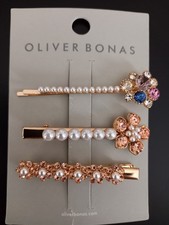 Oliver Bonas Gemstone and pearl hair slides in Gold – Set of Three
