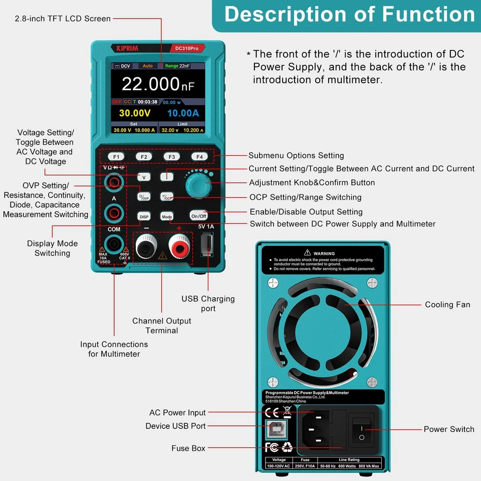 2in1 Programmierbares Labornetzgerät und Multimeter 0–30 V, 0–10 A DC310Pro L... - Bild 2 von 4