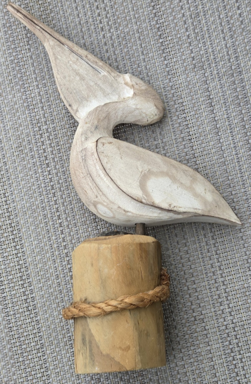 Vintage Handcrafted Wood Pelican Sculpture Coastal Nautical Rope Folk Art 11"