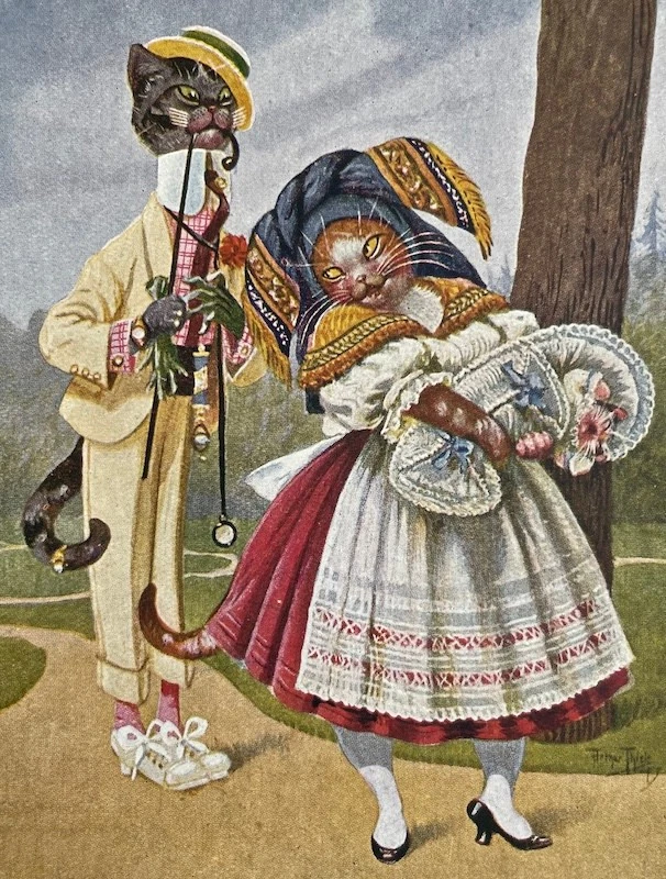 ARTHUR THIELE dressed Cat Cats Couple with KITTEN original pc 1922 - image 1 of 4