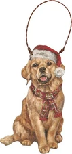 Primitives By Kathy Golden Retriever with Santa Hat Wooden Christmas Ornament