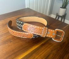 Western Hand Tooled Leather Belt w/ Woven Nylon Unbranded/See Measurements