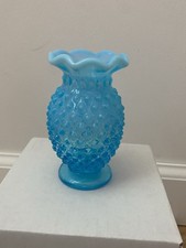 Vintage Fenton Blue Opalescent Hobnail Small Ruffled Edge Bud Vase 3.75  