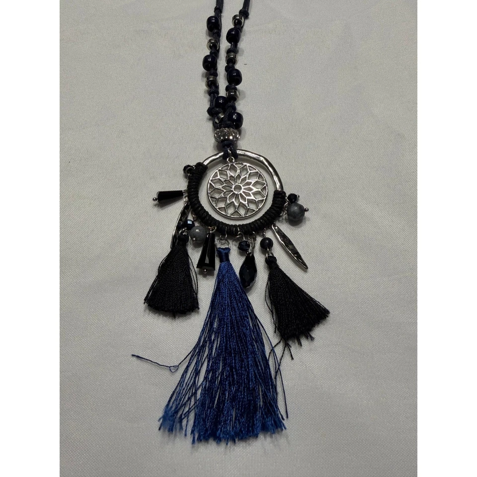 Collar Borla Atrapasueños Azul Negro Tono Plata Boho Bohemio Foto 3 de 4