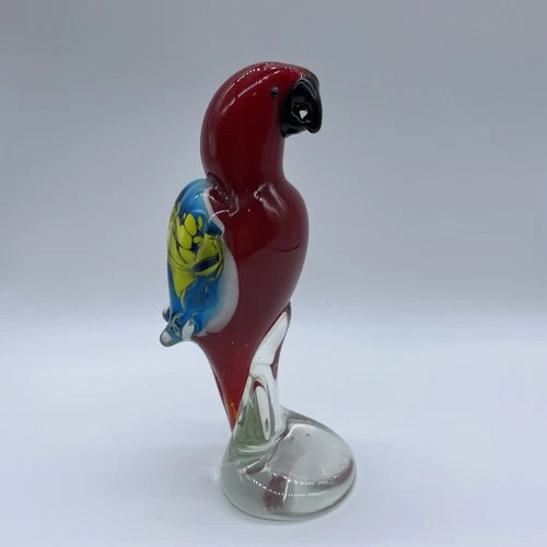 VINTAGE MURANO Style Art Glass Figurine Bird Parrot Yellow Blue Wings 7.5" Tall