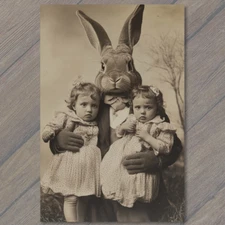 Art Print Creepy Realistic Easter Bunny Holding Twins Disturbing Vintage Style
