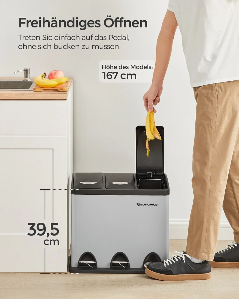 SONGMICS Mülleimer Küche, 3 x 8 Liter, Mülltrennsystem 3 Fächer BTL024G01 - Bild 3 von 4