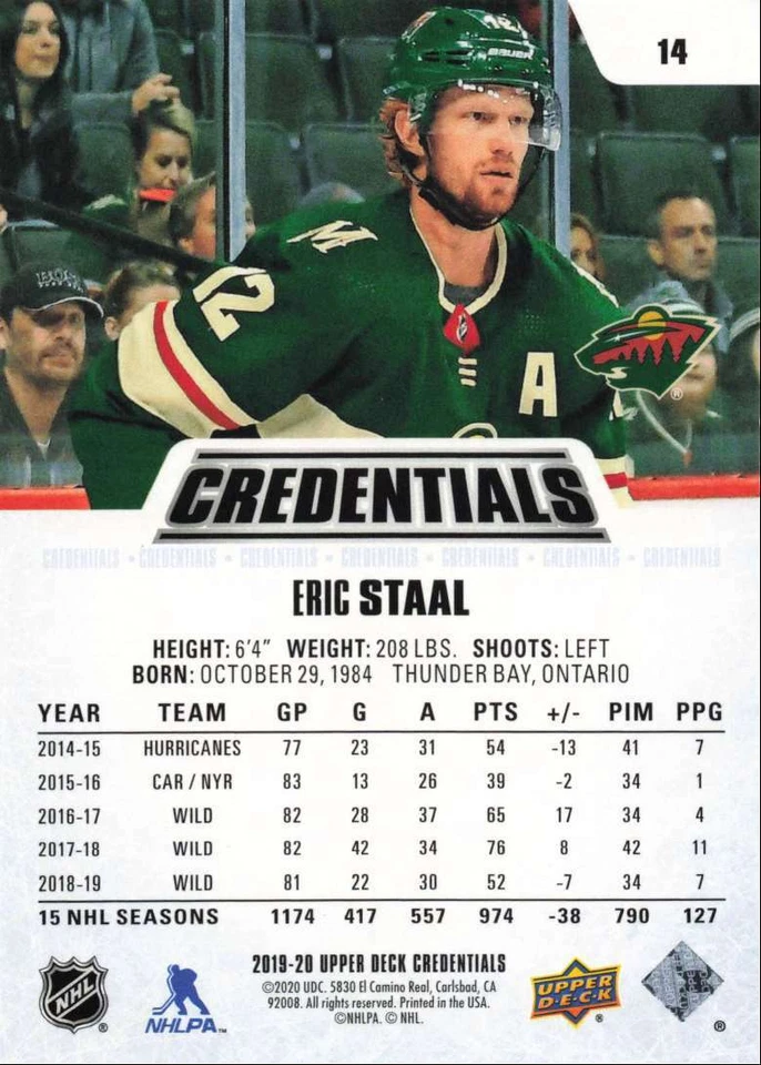 2019-20 Upper Deck Credentials Eric Staal Minnesota Wild #14 - Image 2 of 2