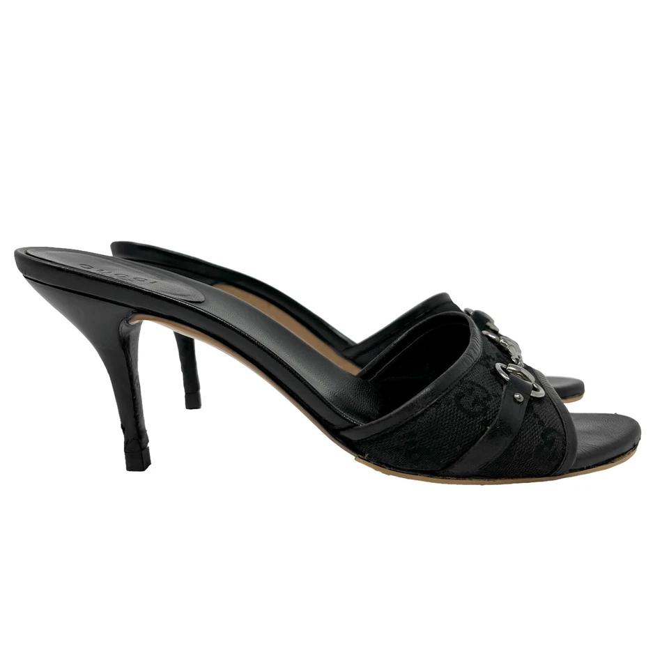 Sandalias GUCCI Vintage GG Monograma Logo Horsebit #37 EE. UU. 7 Negro Plata Rango AB Foto 3 de 4