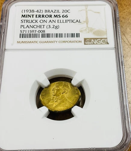 1938-42 BRAZIL 20 c. NGC MINT ERROR MS66 Struck on Elliptical Planchet 3.2 g