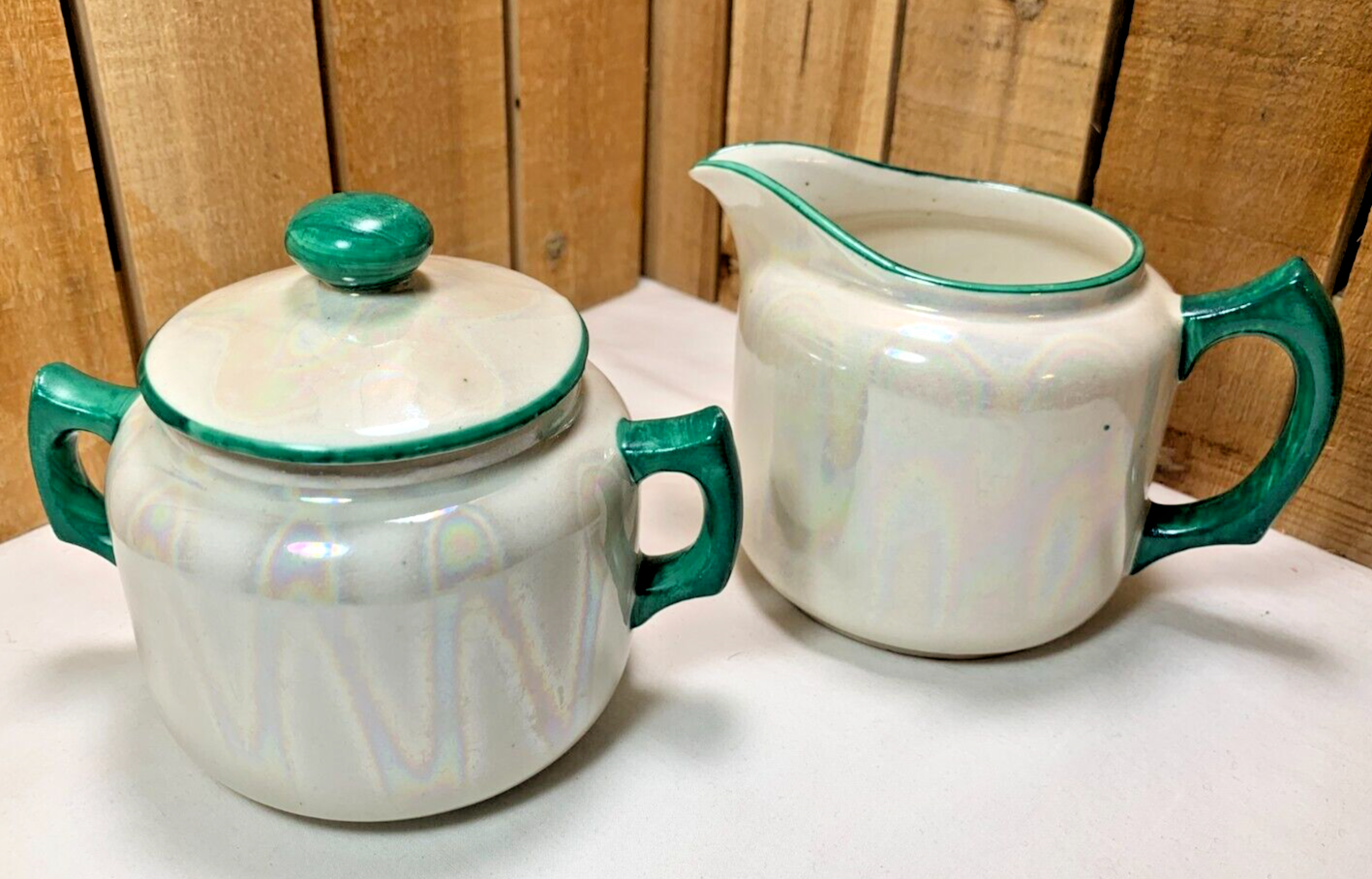 Vintage Iridescent Czecho Slovakia Lusterware Creamer Pitcher & Sugar Bowl