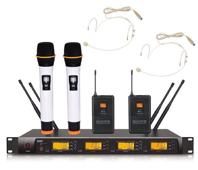 Wireless Microphone for Church UHF 4 Channel 2 Headset 2 Handheld