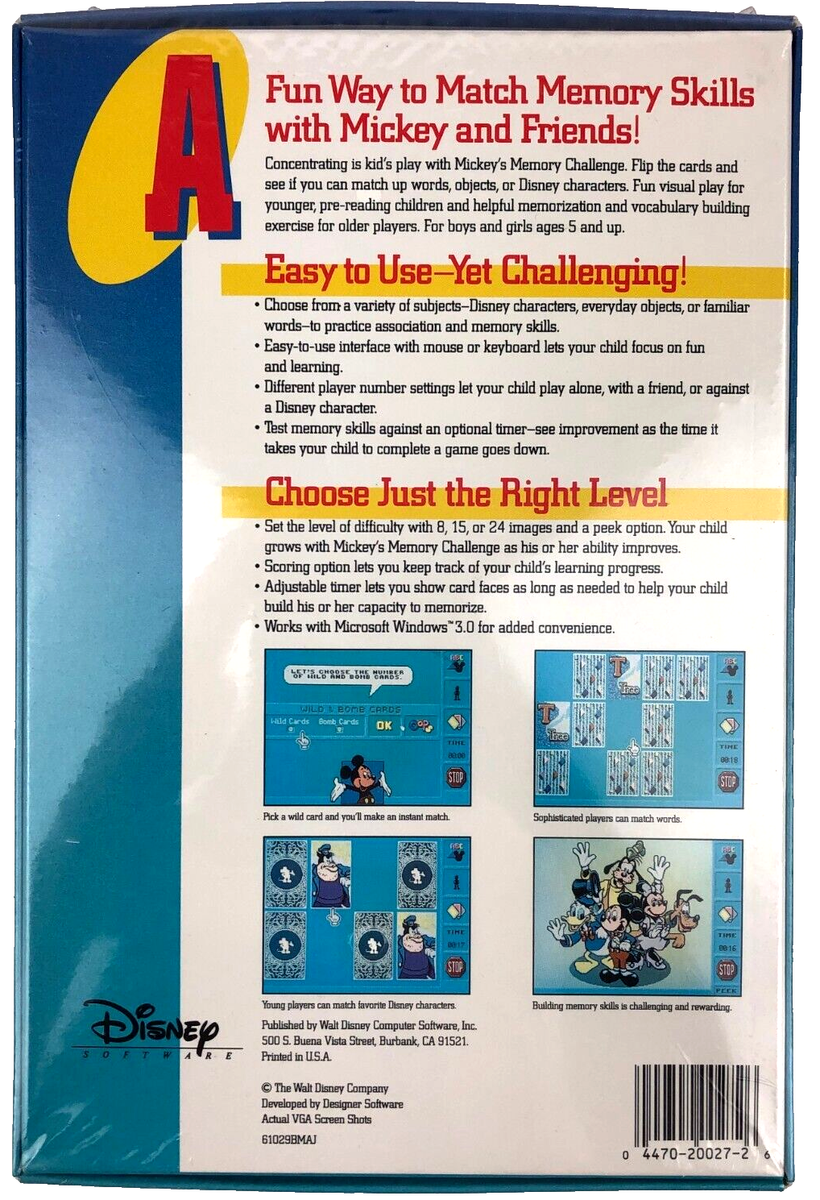 Disney's Mickey's Memory Challenge PC 3.5 & 5.25 Disks 1990