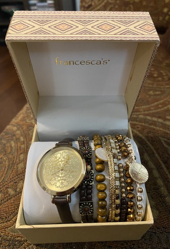 New NIB Francesca's Ladies Watch & Bracelets Jewelry Gift Set Brown Gold