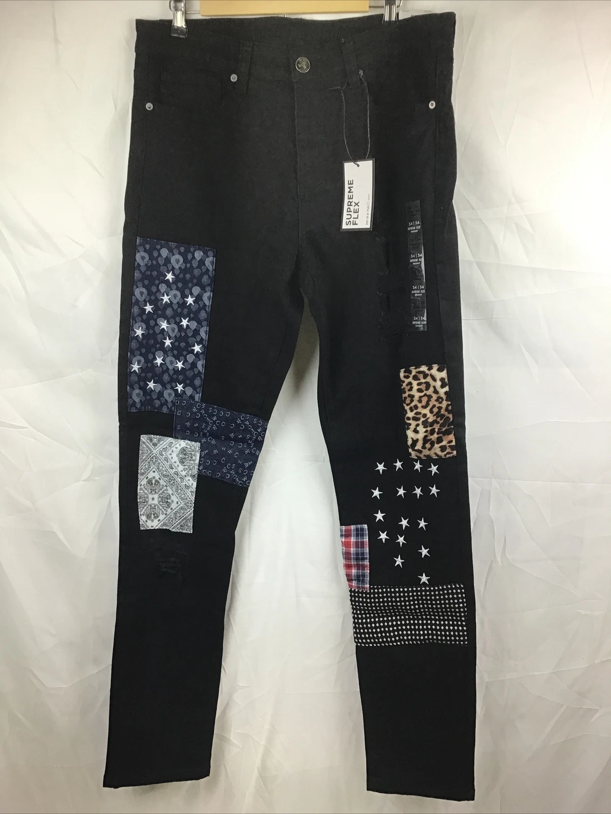 Jean homme Rue 21 Supreme Flex skinny noir vieilli avec patchs 34”x34” neuf avec étiquette