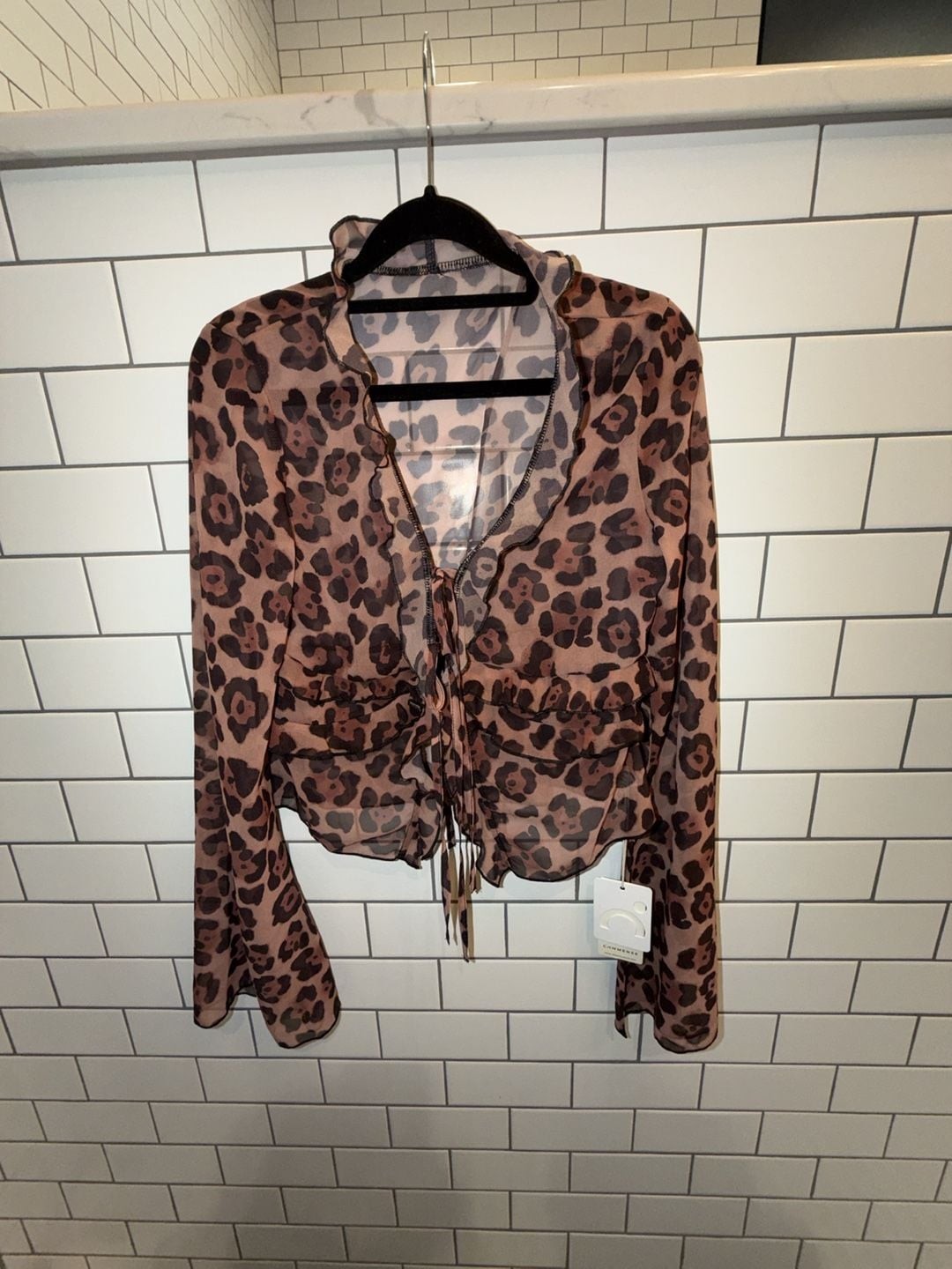 Commense Leopard Print Semi-Sheer Ruffle V-Neck Blouse with Long Bell Sleeves