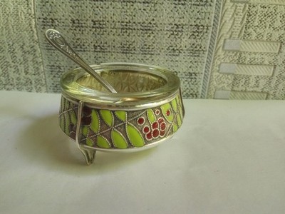 Vintage Soviet salt shaker ''Melchior'' with a spoon and enamel coating.