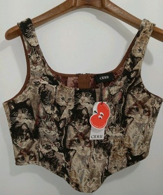 Cider Jacquard Cat Pattern Corset Cami Crop Top NWT Sz Lg Back Zip Lots Of Cats