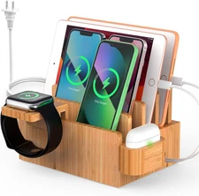Bamboo Charging Station for Multiple Devices with 5 Port USB Charger, 5 Cables, 