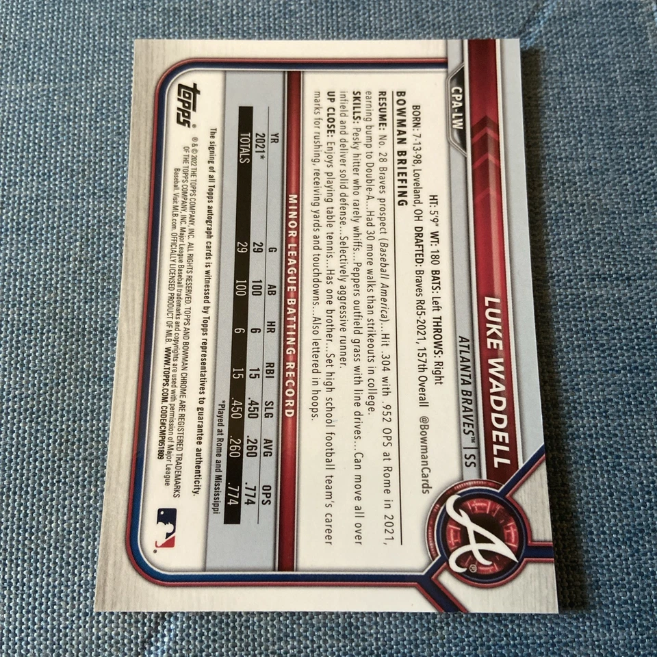 2022 Bowman - Chrome Prospect Autographs Luke Waddell #CPA-LW (AU, RC) - Image 2 of 3