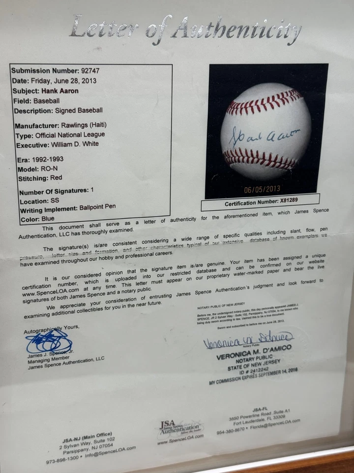 Hank Aaron Autographed Baseball Rawlings Official NL RO-N Blue Ink JSA LOA Frame - Image 4 of 4