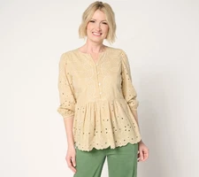 LOGO by Lori Goldstein Women's Top Plus Sz 1X 100% Cotton Eyelet Yellow A687803