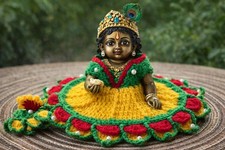 Winter Woolen Laddu Gopal Dress D-9" Yellow Red Bead Work Poshak With Cap Set