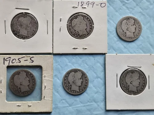 6 Barber Quarter Dollars 1897 S 1899 O 1903 S 1905 S 1909 D 90% Silver Quarters