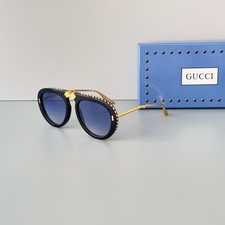Gucci GG0307S Foldable Aviator Sunglasses Black Metal Crystal Blue 56mm