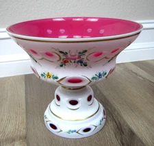VINTAGE BOHEMIAN CASED GLASS COMPOTE PEDESTAL BOWL CRANBERRY WHITE HAND PAINTED