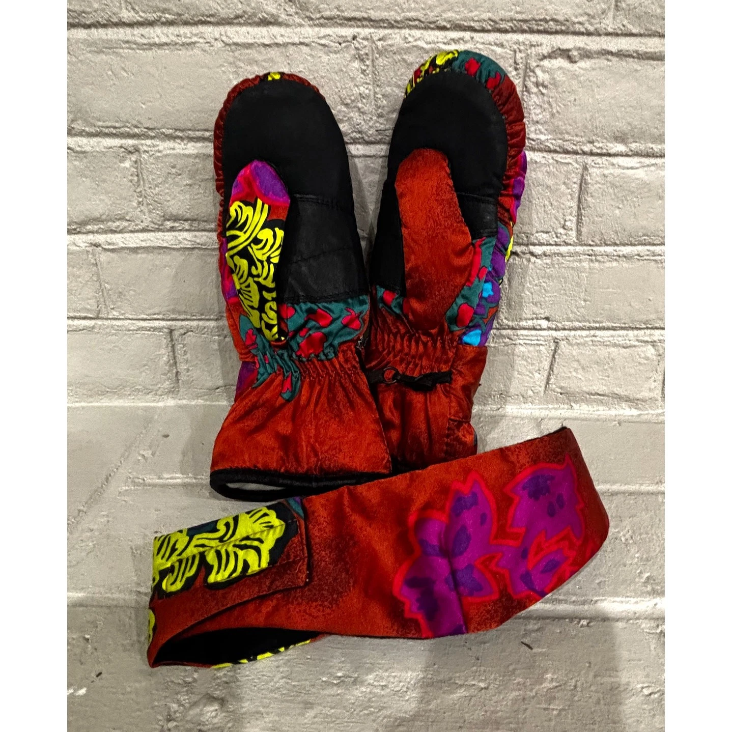 Vintage Obermeyer Ski Mittens + Headband Set Neon 80s 90s One Size Leather Palm