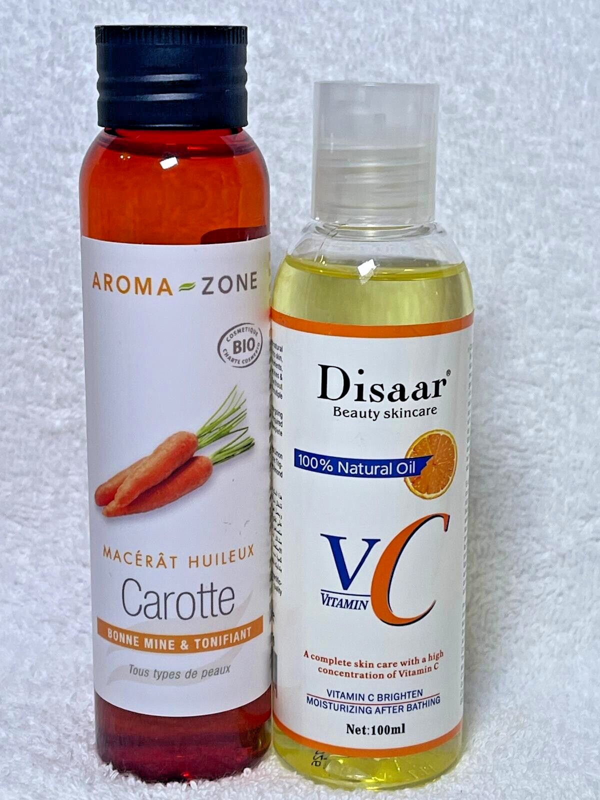 Huile de carotte bio Disaar et vitamine C pour unifier et illuminer le teint