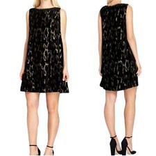 TAHARI Black/Gold Metallic Shift Dress Sz 8 Sleeveless Beaded Cocktail Cocktail