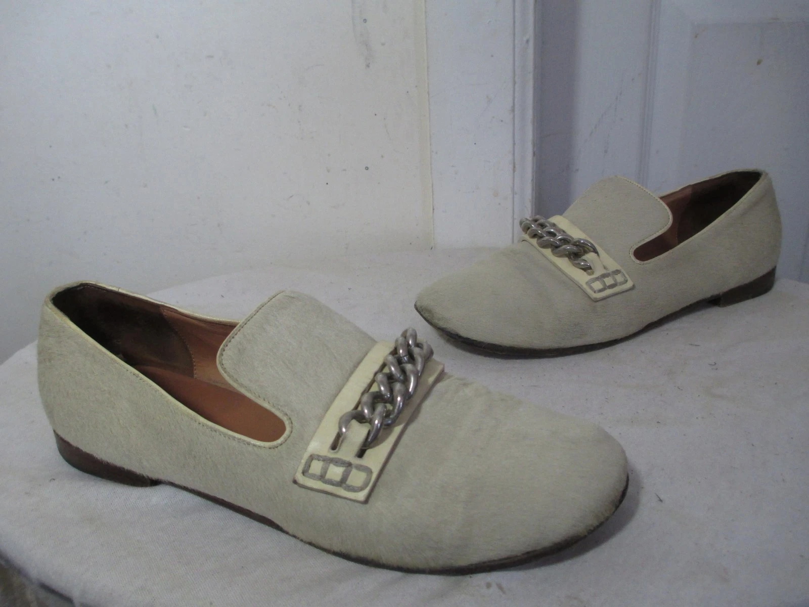 MOCASSINI PIATTI CELINE NUDI BEIGE CAPELLI DI CAVALLO CATENA PELLE DONNA EU 40 US 9 5 $895