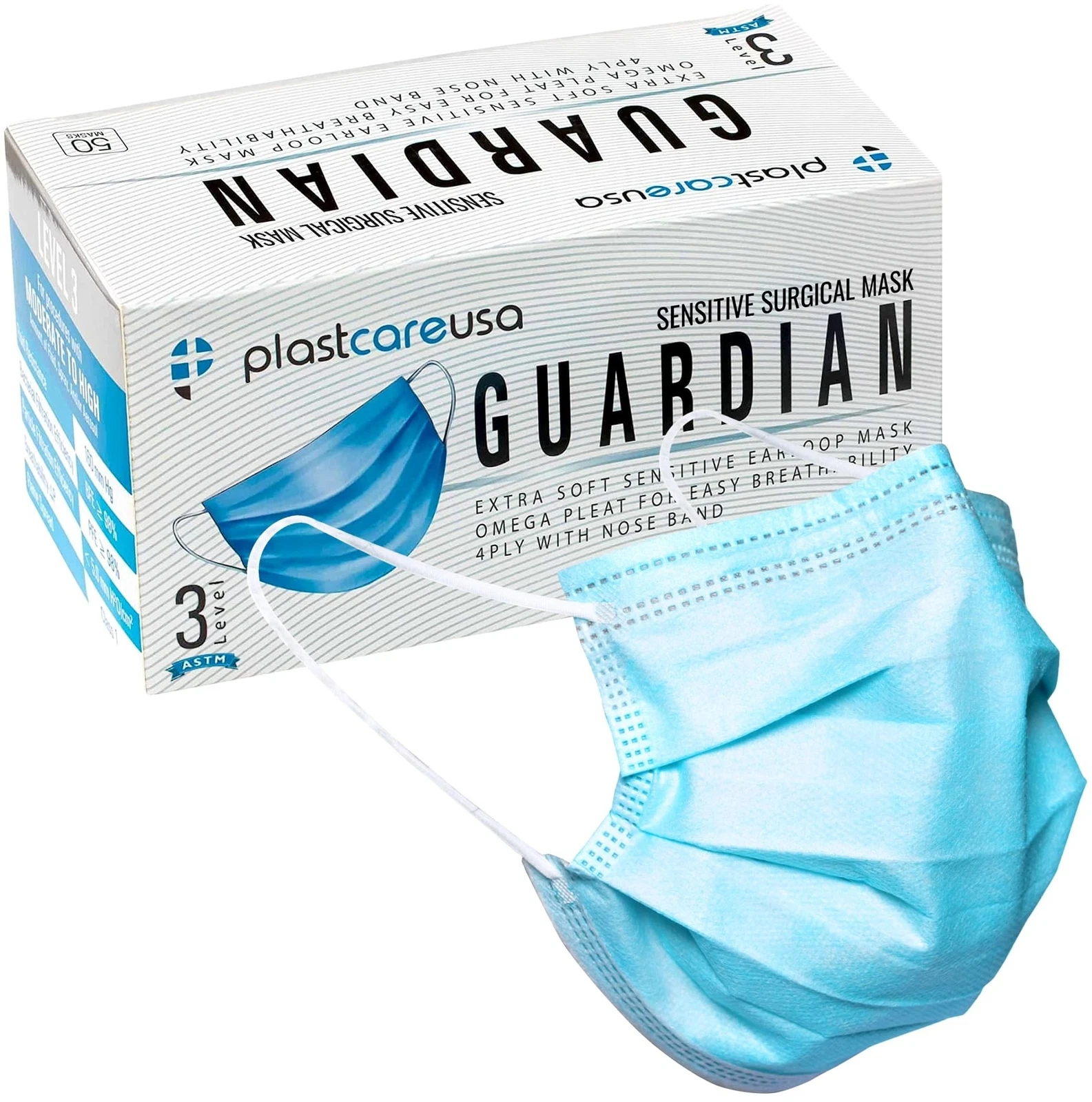 PlastCare USA Box of 50 4-Ply ASTM Level 3 Face Masks, Disposable (Blue) Blue
