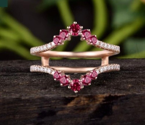Round Cut Simulated Red Ruby Enhancer Guard Wedding Ring In 14k Rose ...