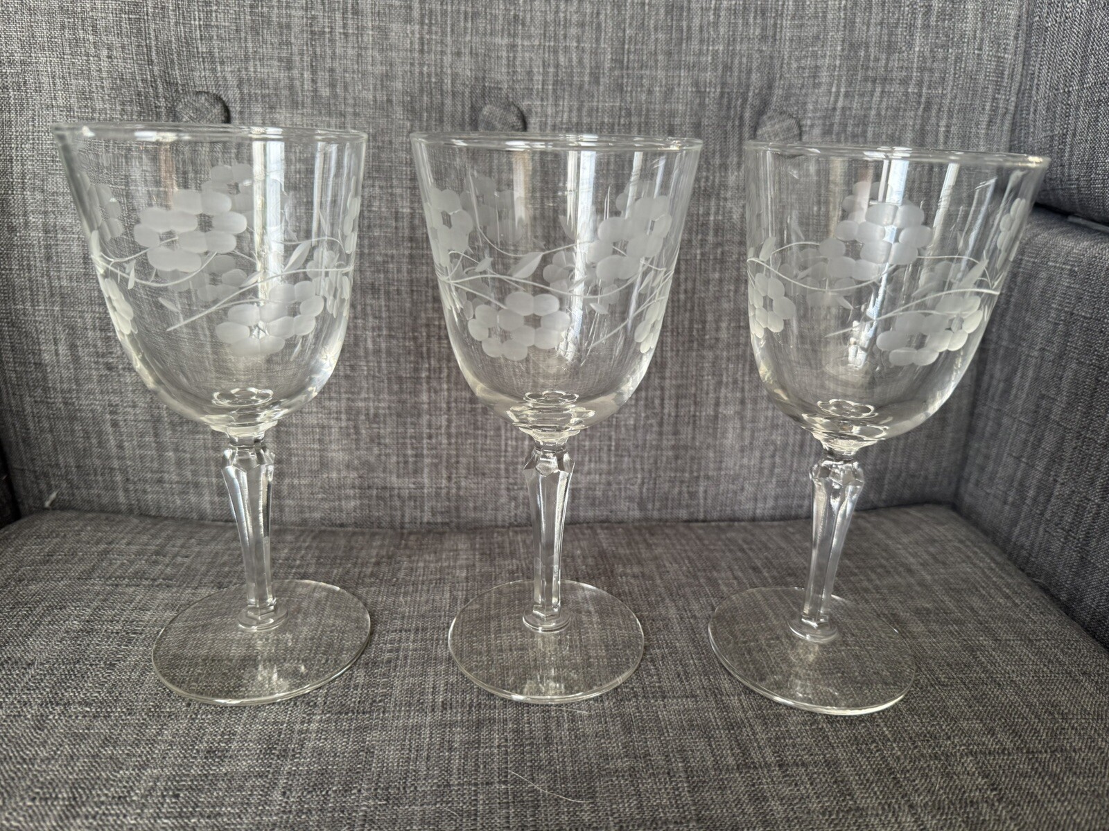 Vintage Libbey Floral Etched Wine Glasses Set of 3 7 Inch
