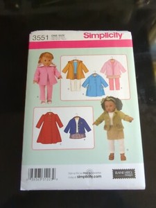"18" Doll Clothing" ©2007 Simplicity Sewing Craft Pattern # 3551 NEW & UNCUT
