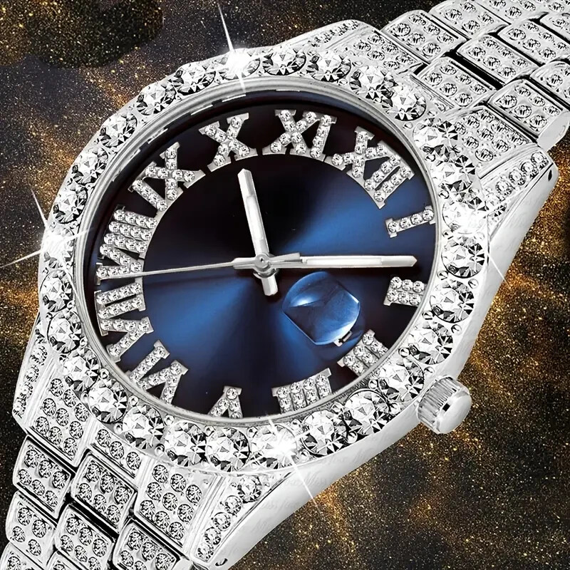 Hip Hop Iced Bling Silver Finish Rapper Blue Dial Metal Simulated