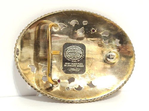 VTG Womens CRUMRINE Pink Stone BRONZE Silver Flowers WESTERN Cowgirl BELT BUCKLE - Picture 3 of 6