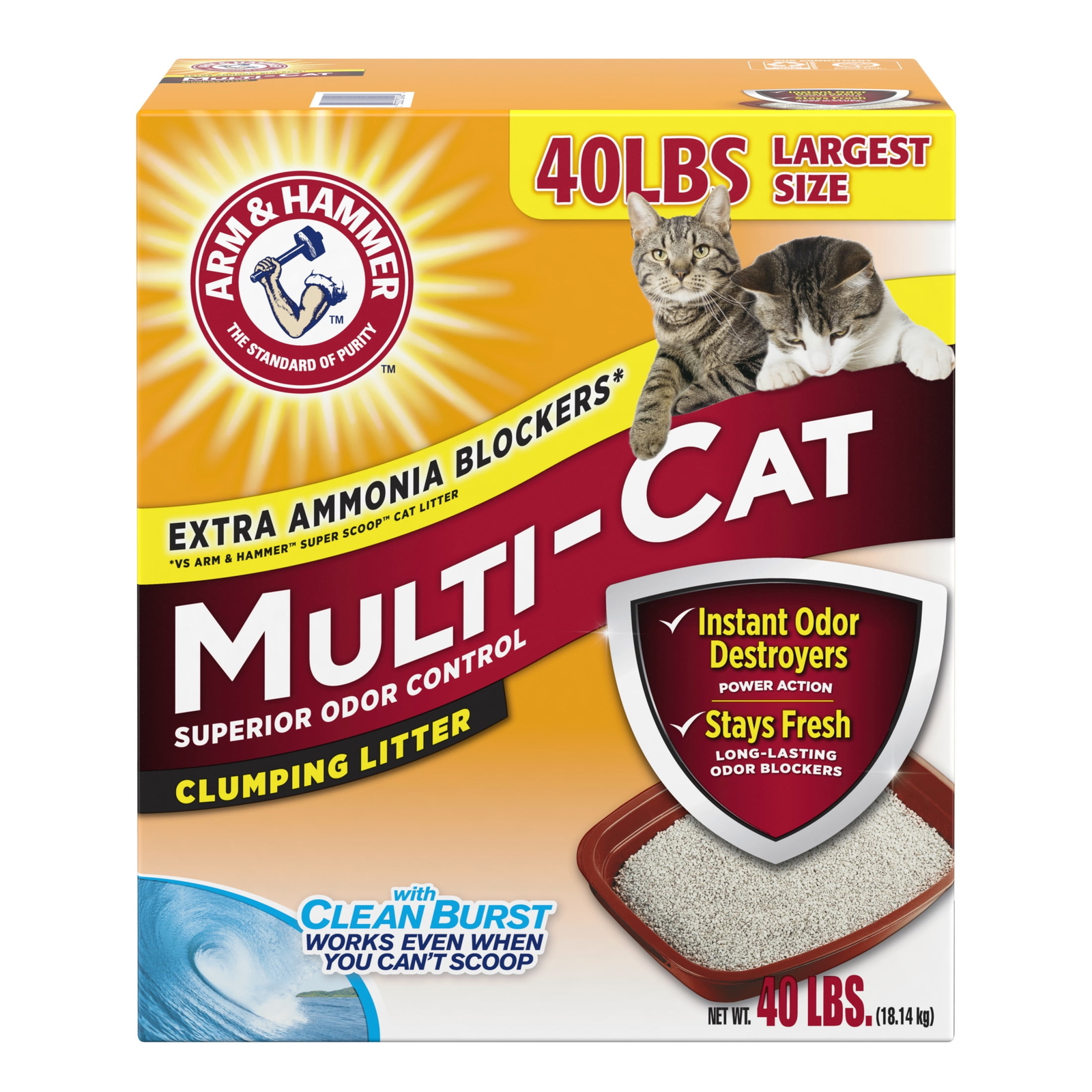 Superior Odor Control Cat Litter,Multi-Cat Clump Litter,Clean Burst Scent,40 lb