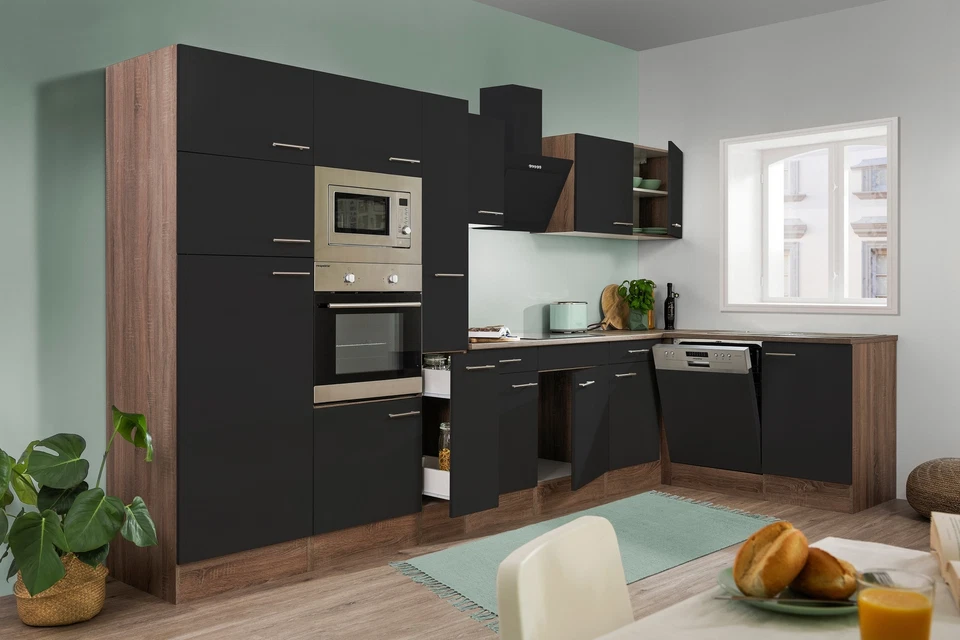 Küche Küchenzeile Winkelküche Eiche York schwarz Oliver 370 x 172 cm Respekta - Bild 1 von 4