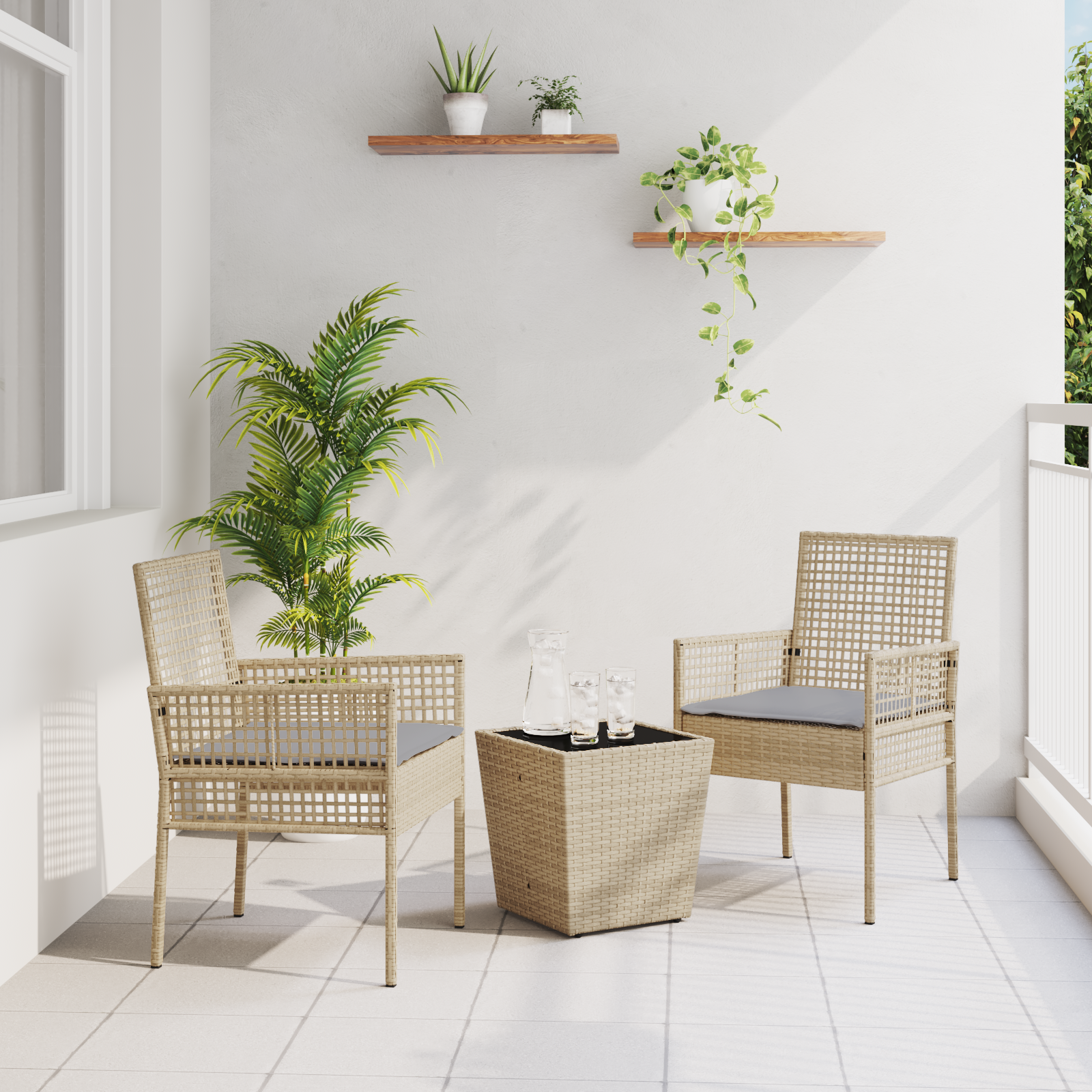 Set Bistro da Giardino 3 Pezzi con Cuscini Beige in Polyrattan