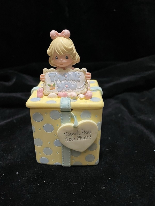 1999 Precious Moments "Thank You Sew Much" Trinket Box Two Sided Lid Gift Decor
