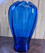Vintage MCM 13  Hand-Blown Cobalt Blue Large Glass Vase Center Pulled Crimp