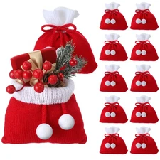 12 Pcs Christmas Knit Santa Bag with Drawstring Small Christmas Red Santa Gif...