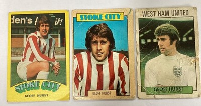 GEOFF HURST WM Hattrick Held drei Fußballkarten in verschiedenen Zuständen