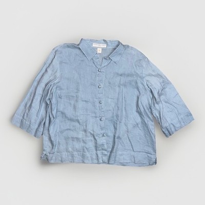 Josephine Chaus LINEN Top Blue 3/4 Sleeve Womens L Collared Button Shirt Coastal