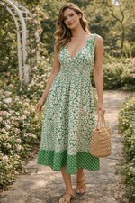 OC by OC Green White Floral Midi Dress Size 4 Smocked Waist V Neck Sleeveless